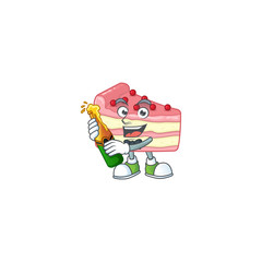 Mascot cartoon design of strawberry slice cake making toast with a bottle of beer