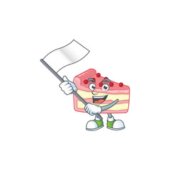 Cute cartoon character of strawberry slice cake holding white flag