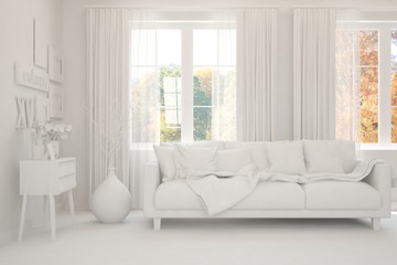 White minimalist living room with sofa. Scandinavian interior design. 3D illustration