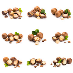 Macadamia nut with pieces and green leaves isolated on a white background