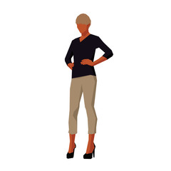 Woman standing with hand on hip, isolated geometric flat design illustration. Young woman with short blonde hair