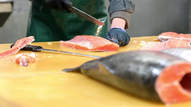 fish fillet factory carve slice salmon red