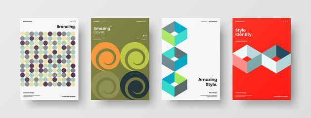 Fototapeta premium Company identity brochure template collection. Business presentation vector A4 vertical orientation front page mock up set. Corporate report cover abstract geometric illustration design layout bundle.
