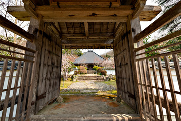 Fototapeta na wymiar Gate to the main temple building of Hoko-ji in Sanda city, Hyogo, Japan
