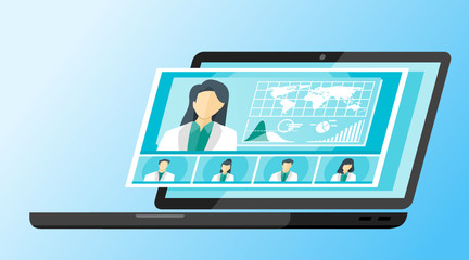 5 Panel Doctor TV Video Web Conference Teleconference. Scientist Surgeon Specialist Medical Expert Nurse Pharmacy Online Virtual Meetings. Hospital Team Remote Work Flatten The Curve COVID-19 Pandemic
