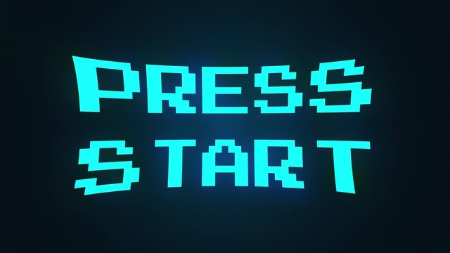 Computer generated a text message screen: Press start. 3d rendering 8-bit font, black background for computer game