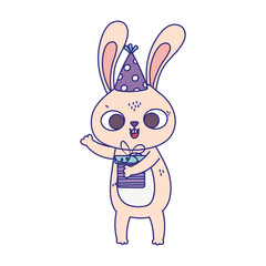 Obraz premium happy birthday, cute rabbit with party hat and gift isolation design icon