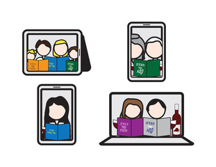 Laptop, Tablet and Smartphones with People Reading The Passover Haggadah 