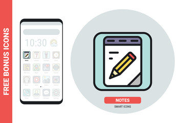 Notebook, notepad or notes application icon for smartphone, tablet, laptop or other smart device with mobile interface. Simple color version. Contains free bonus icons