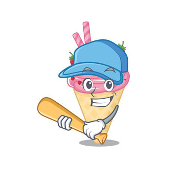 Picture of strawberry ice cream cartoon character playing baseball