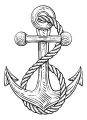 An anchor from a boat or ship with a rope wrapped around it tattoo or retro style woodcut etching drawing in a vintage style © Christos Georghiou