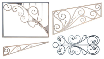 set of forged metal ornaments patterns on fences gates and doors exterior, isolated on a white background cut out