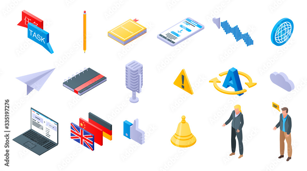 Poster translator icons set. isometric set of translator vector icons for web design isolated on white back