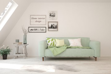 White living room with sofa. Scandinavian interior design. 3D illustration
