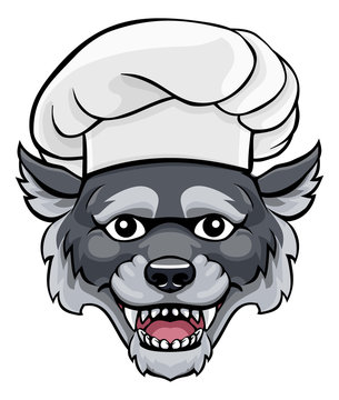 A friendly wolf chef mascot cartoon character