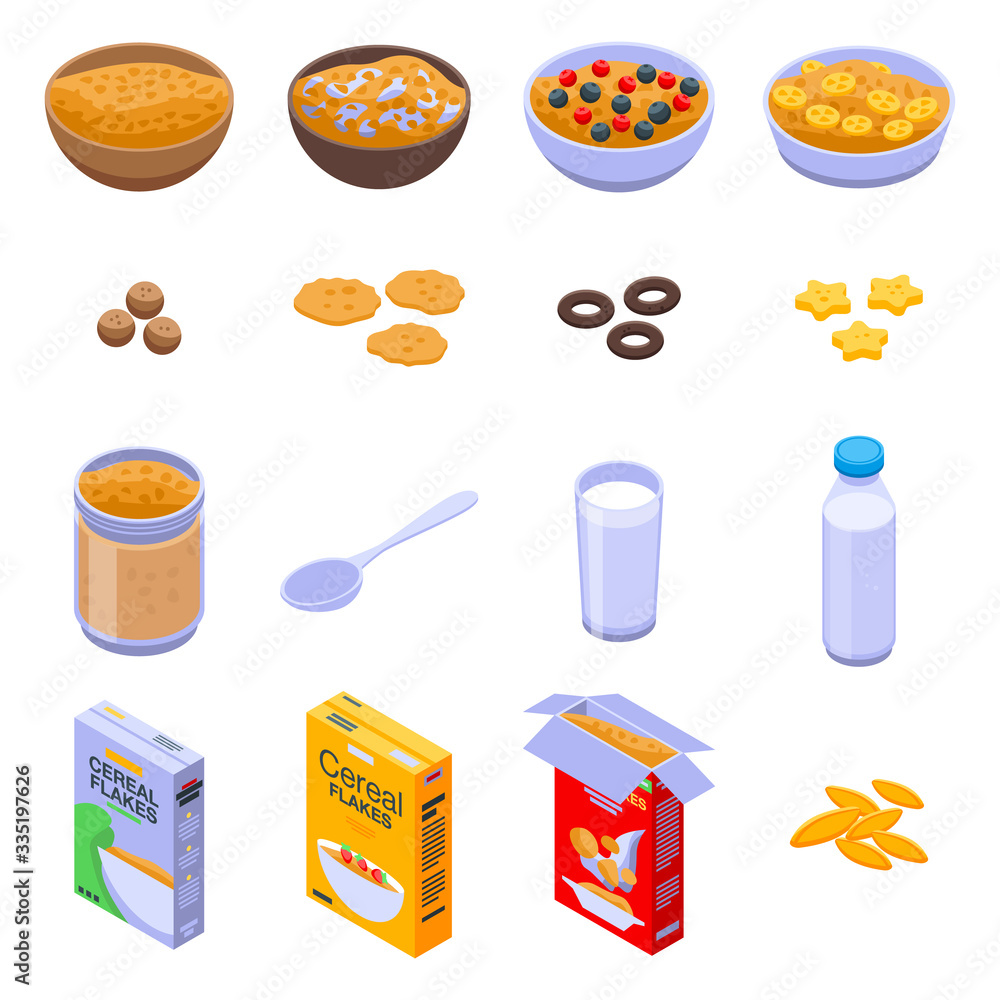 Poster cereal flakes icons set. isometric set of cereal flakes vector icons for web design isolated on whit