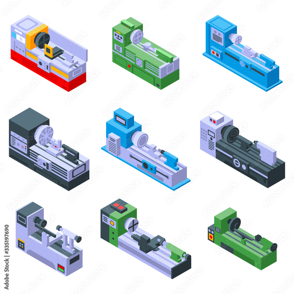 Poster lathe icons set. isometric set of lathe vector icons for web design isolated on white background