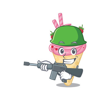 A cartoon picture of strawberry ice cream in Army style with machine gun
