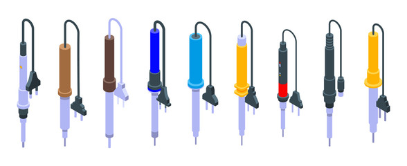 Soldering iron icons set. Isometric set of soldering iron vector icons for web design isolated on white background
