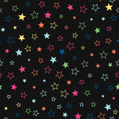 Abstract dark pattern with colored stars. Seamless vector background.