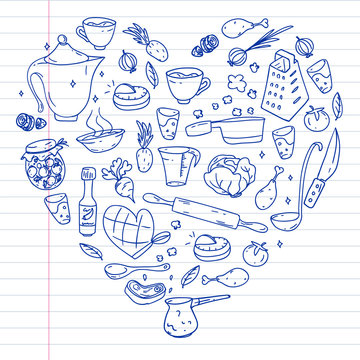 Pattern with gastronomy icons, vector cuisine and fast food cafe bright background for menu, receipts. Drawn with a pen, on a sheet of line paper on a white background.