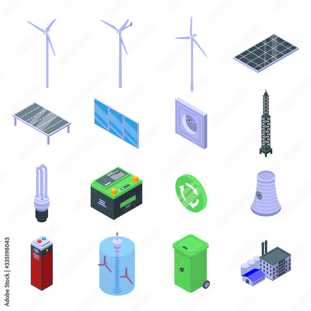 Poster clean energy icons set. isometric set of clean energy vector icons for web design isolated on white 
