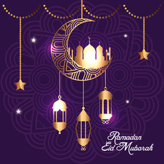 ramadan kareem poster with moon and lanterns hanging vector illustration design