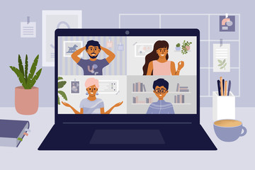Stay and work from home. Video conference illustration. Workplace, laptop screen, group of people talking by internet. Stream, web chatting, online meeting friends. Coronavirus, quarantine isolation. 
