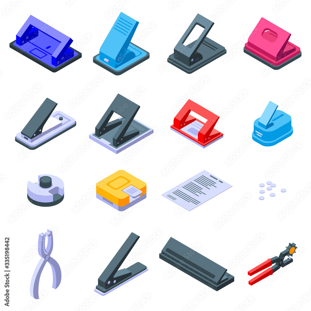 Poster hole puncher icons set. isometric set of hole puncher vector icons for web design isolated on white 