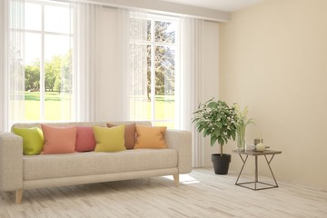 White living room with sofa and summer landscape in window. Scandinavian interior design. 3D illustration