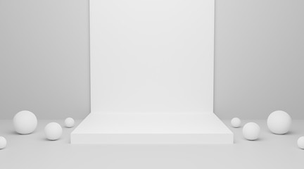 Abstract white blank empty podium on wall background texture with geometric shape for presentation and exposition. 3d rendering design. Pedestal for display product. 3d exhibition stand.