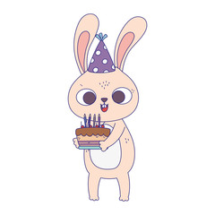 happy birthday, little rabbit with cake and party hat cartoon isolation design icon