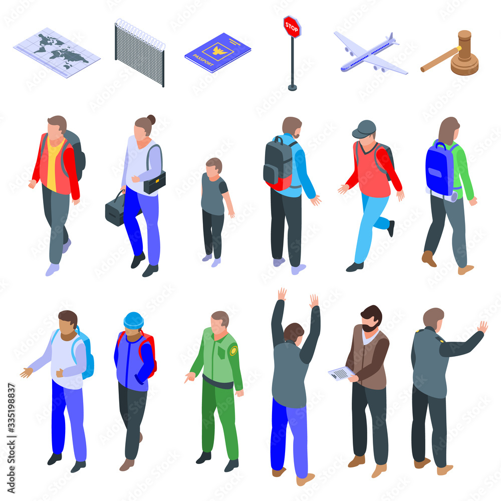 Poster illegal immigrants icons set. isometric set of illegal immigrants vector icons for web design isolat