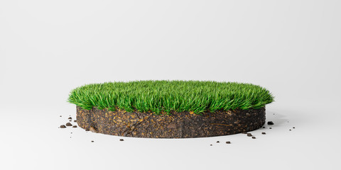 Round soil ground cross section with green grass, circle cutaway terrain floor. 3d rendering