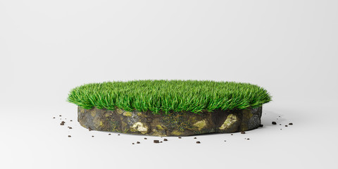 Round soil ground cross section with green grass, circle cutaway terrain floor. 3d rendering