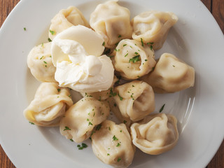 Serving of large traditional Russian style dumplings with meat an sour cream on a white plate, close up.
