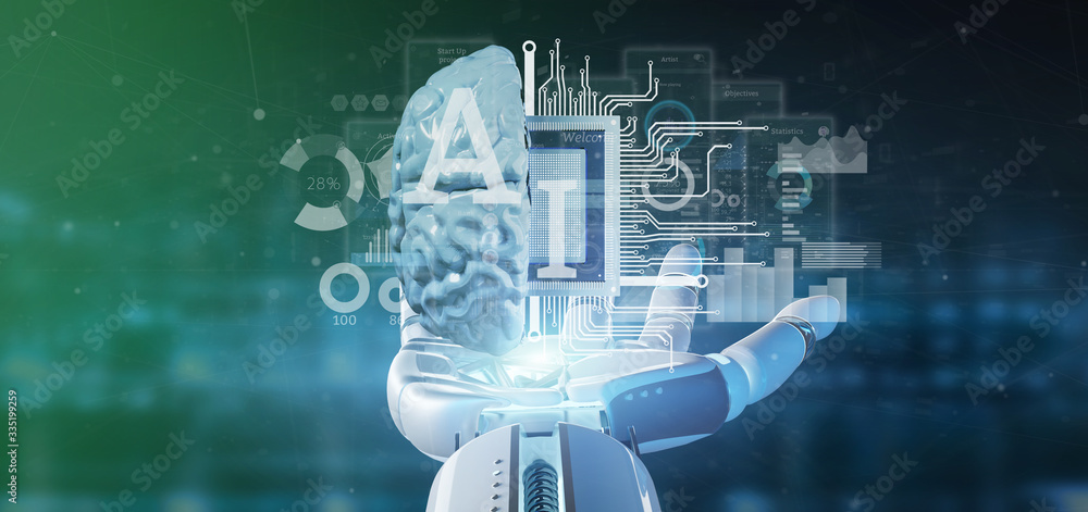 Poster cyborg hand holding artificial intelligence icon with half brain and half circuit 3d rendering
