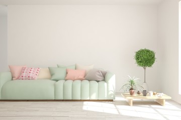 White living room with sofa. Scandinavian interior design. 3D illustration