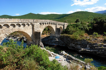 Altiani bridge and Tavignano river in corsica island   