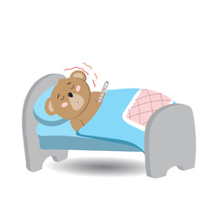 Cute baby bear wear medical mask and illustrated flu symptoms:  fever, cough,  rhinitis,  headache, pain in muscles. Set with character in flat style isolated on white background. For kids places