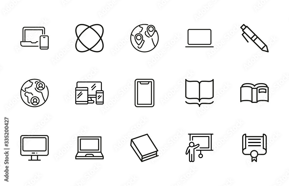 Poster set of e-learning related vector line icons.