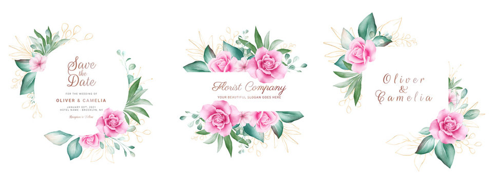 Set of watercolor floral frame. Botanic decoration illustration of roses and gold leaves. Botanic elements for wedding or greeting card design vector