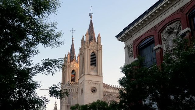 Exterior of San Jeronimo el Real or St. Jerome the Royal. Facade of Roman Catholic church in central Madrid. Spain. 4K