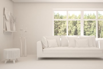 White living room with sofa and summer landscape in window. Scandinavian interior design. 3D illustration