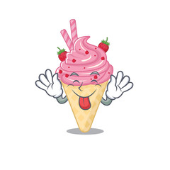 An amusing face strawberry ice cream cartoon design with tongue out