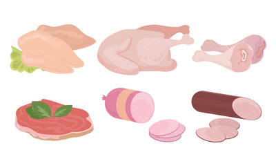 Different kinds of ham, sausages and chicken meat vector illustration