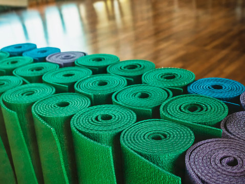 Yoga mat rolled in yoga room Fitness exercise Healthy lifestyle