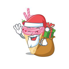 Cartoon design of strawberry ice cream Santa with Christmas gift