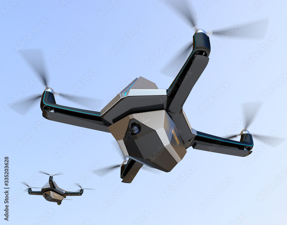 Poster electric security drones flying in the sky. 3d rendering image.