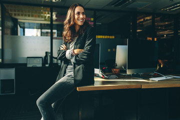 Smiling businesswoman sitting on her desk - obrazy, fototapety, plakaty